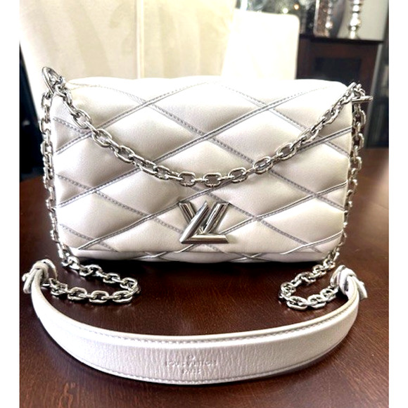 LOUIS VUITTON Silver/White Pearl Malletage Leather GO-14 PM Bag Purse - Picture 1 of 16